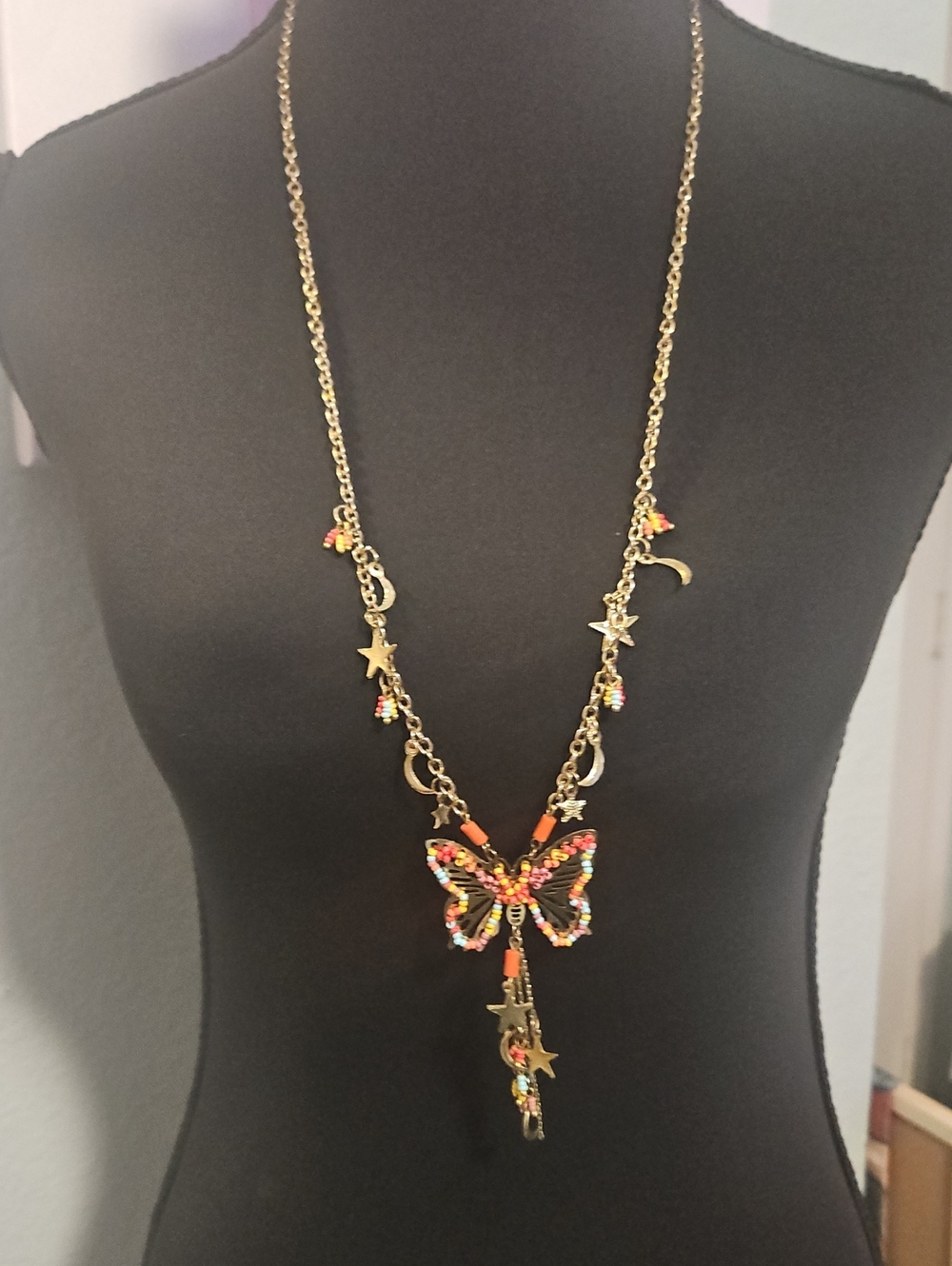 Gold-Tone Butterfly Pendant Necklace with Multicolor Beads